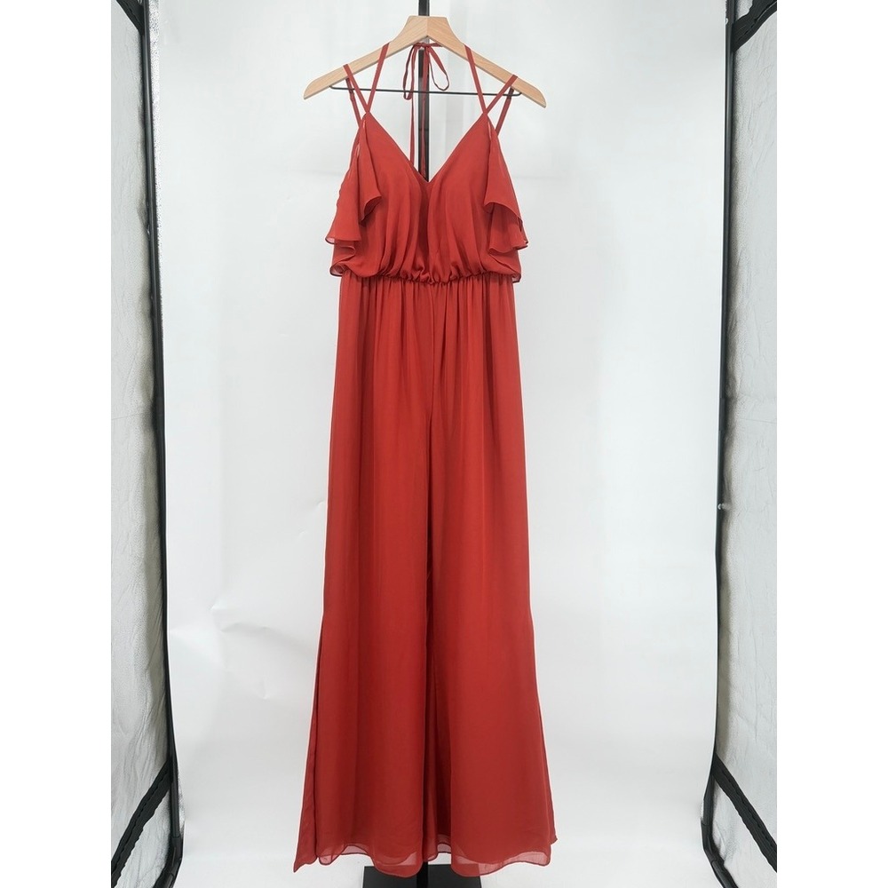 JJs House Wide Leg Chiffon Jumpsuit Cold Shoulder Ruffle V-Neck Vermilion Formal